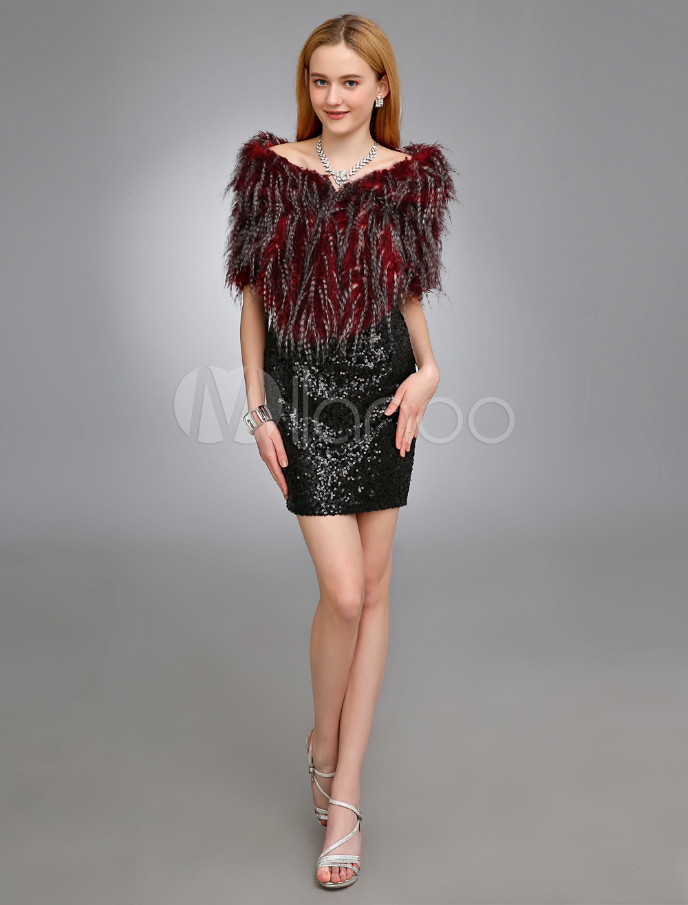 fur shawl with red dress