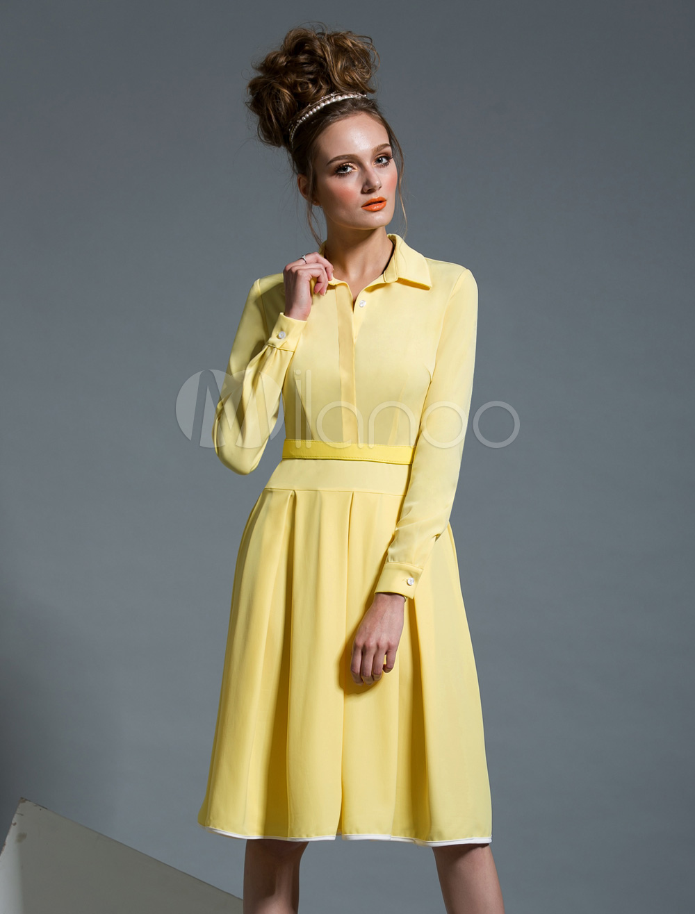 Yellow Long Sleeve Flared Shirt Dress - Milanoo.com