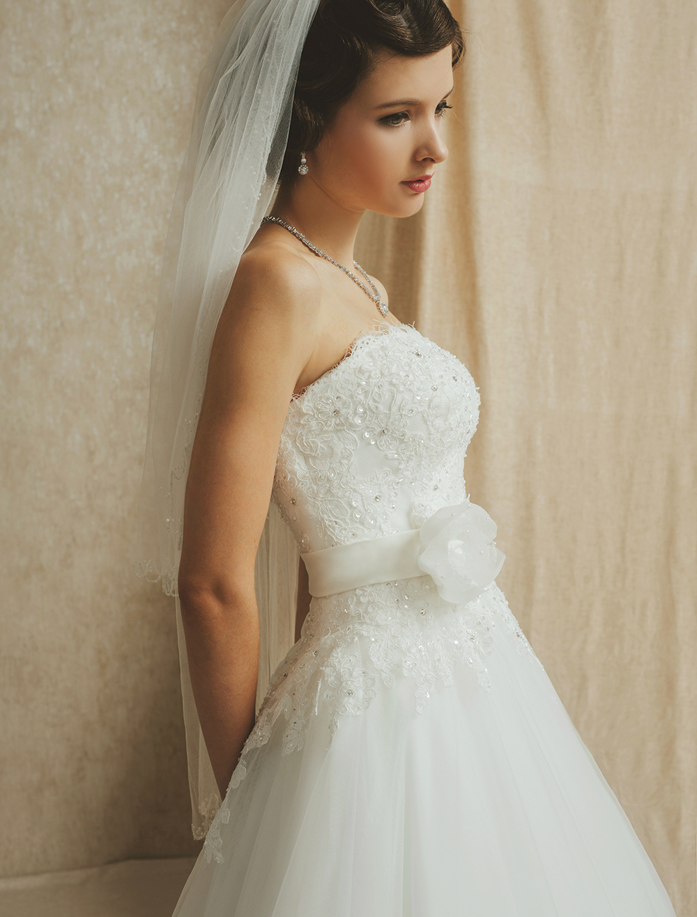 Strapless A-Line Court Train Wedding Dress with Sash ( Veil ...