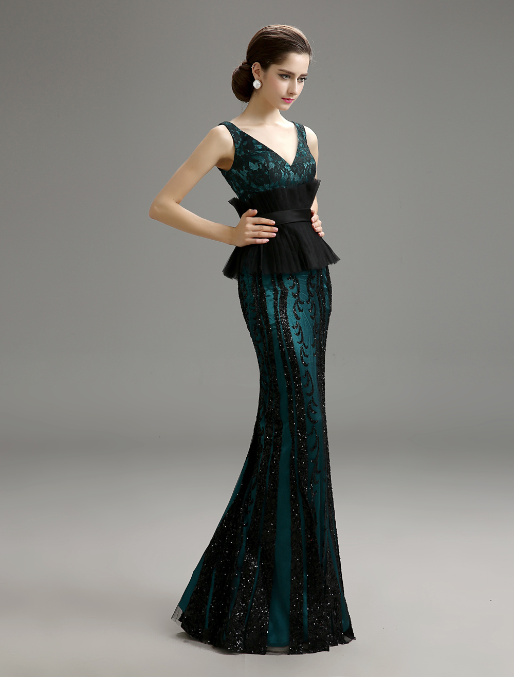 Lace Peplum Evening Dress With V-Neck - Milanoo.com