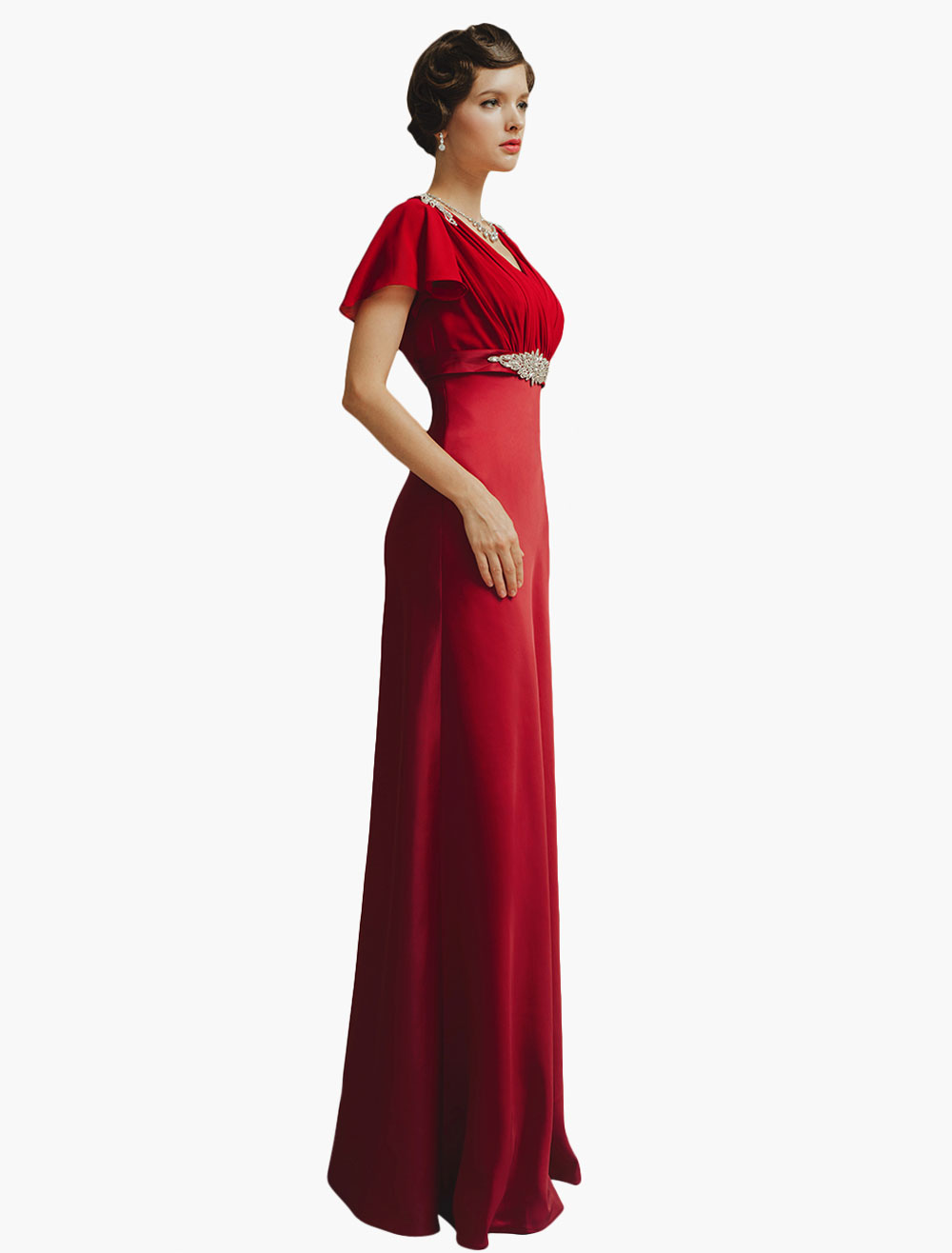 Burgundy V Neck Sheath Long Chiffon Evening Dress With Rhinestone Decor 5178