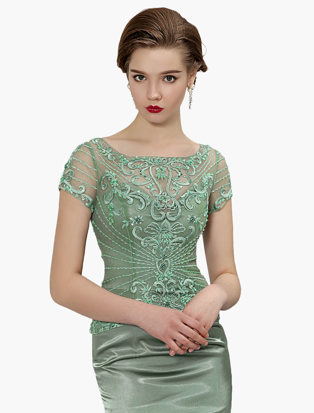 Sage Green Mother Of Bride Dress Mermaid Beading Embroidered Illusion ...