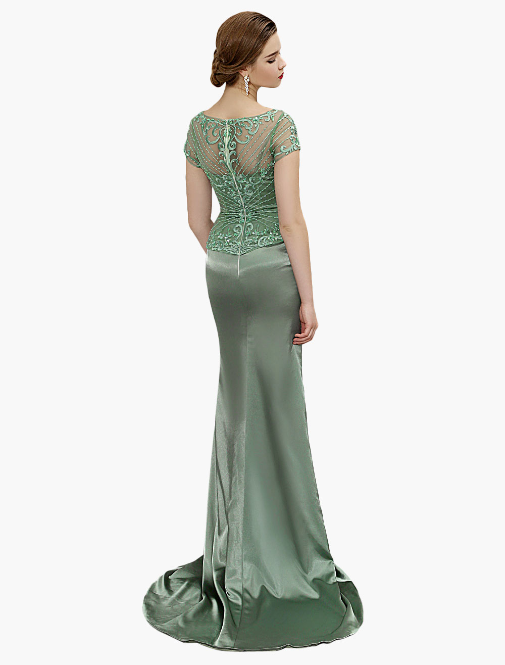 Sage Green Mother Of Bride Dress Mermaid Beading Embroidered Illusion Back Wedding Party Dress 