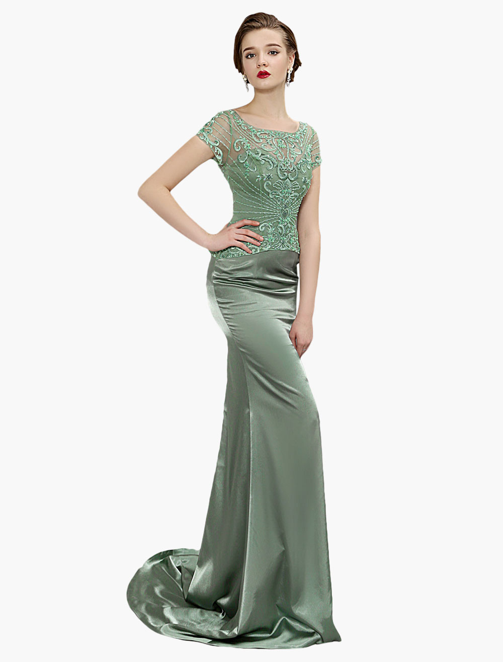 Sage Green Mother Of Bride Dress Mermaid Beading Embroidered Illusion