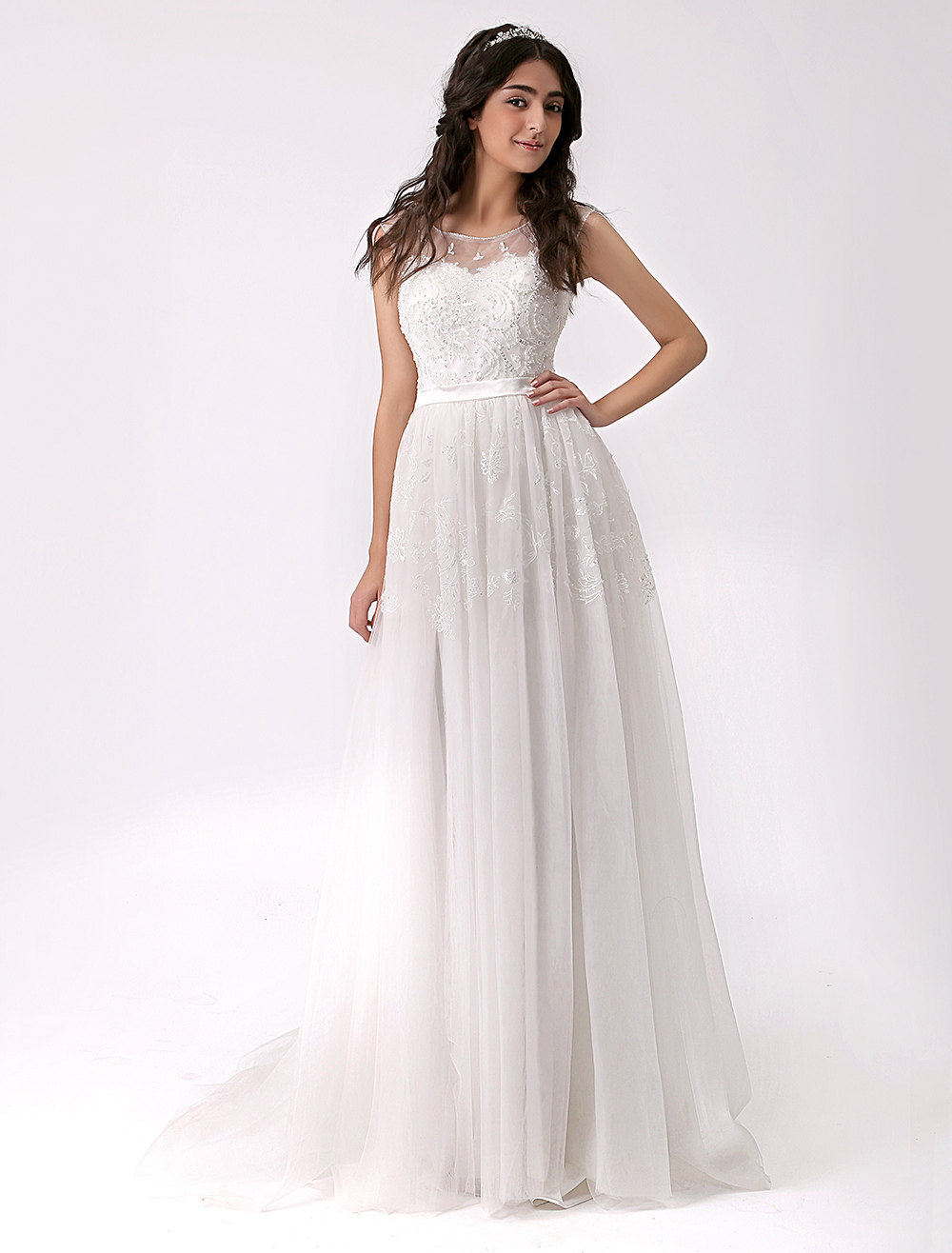 Beaded Side Slit Lace Wedding Dress With Illusion Neckline