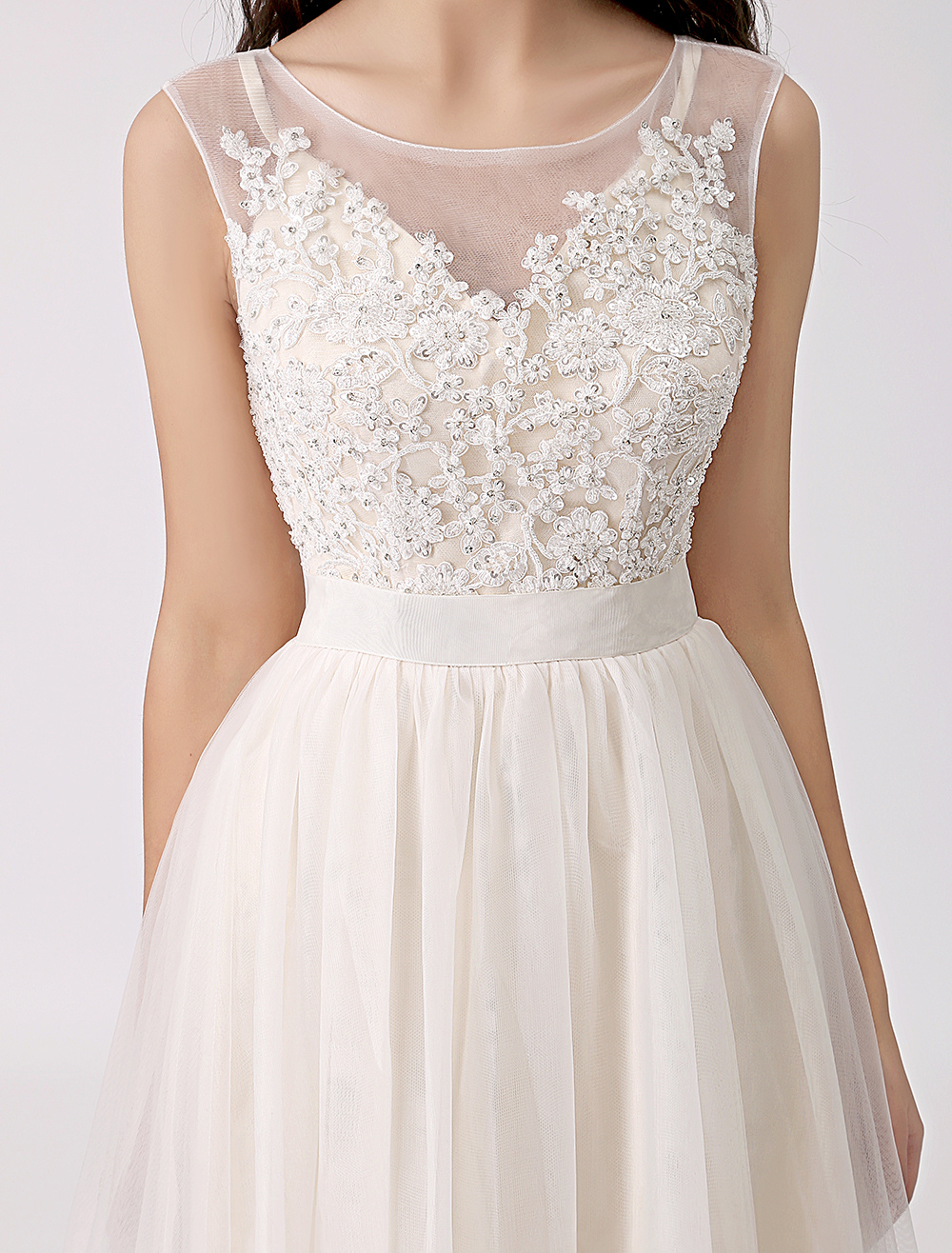 Ivory Beaded Lace Wedding Dress with Sheer Back - Milanoo.com