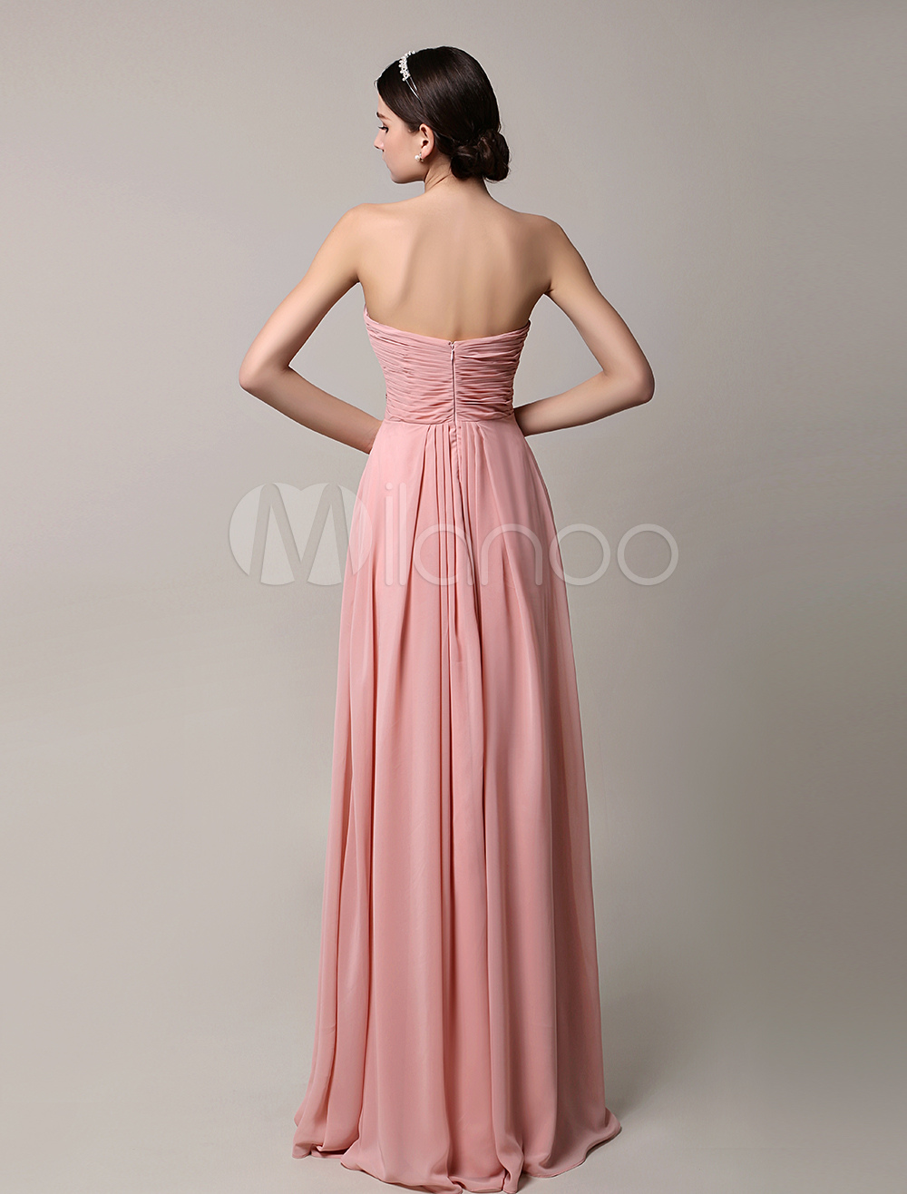 2018 Long Nude Chiffon Pleated Strapless Bridesmaid Dress With Open