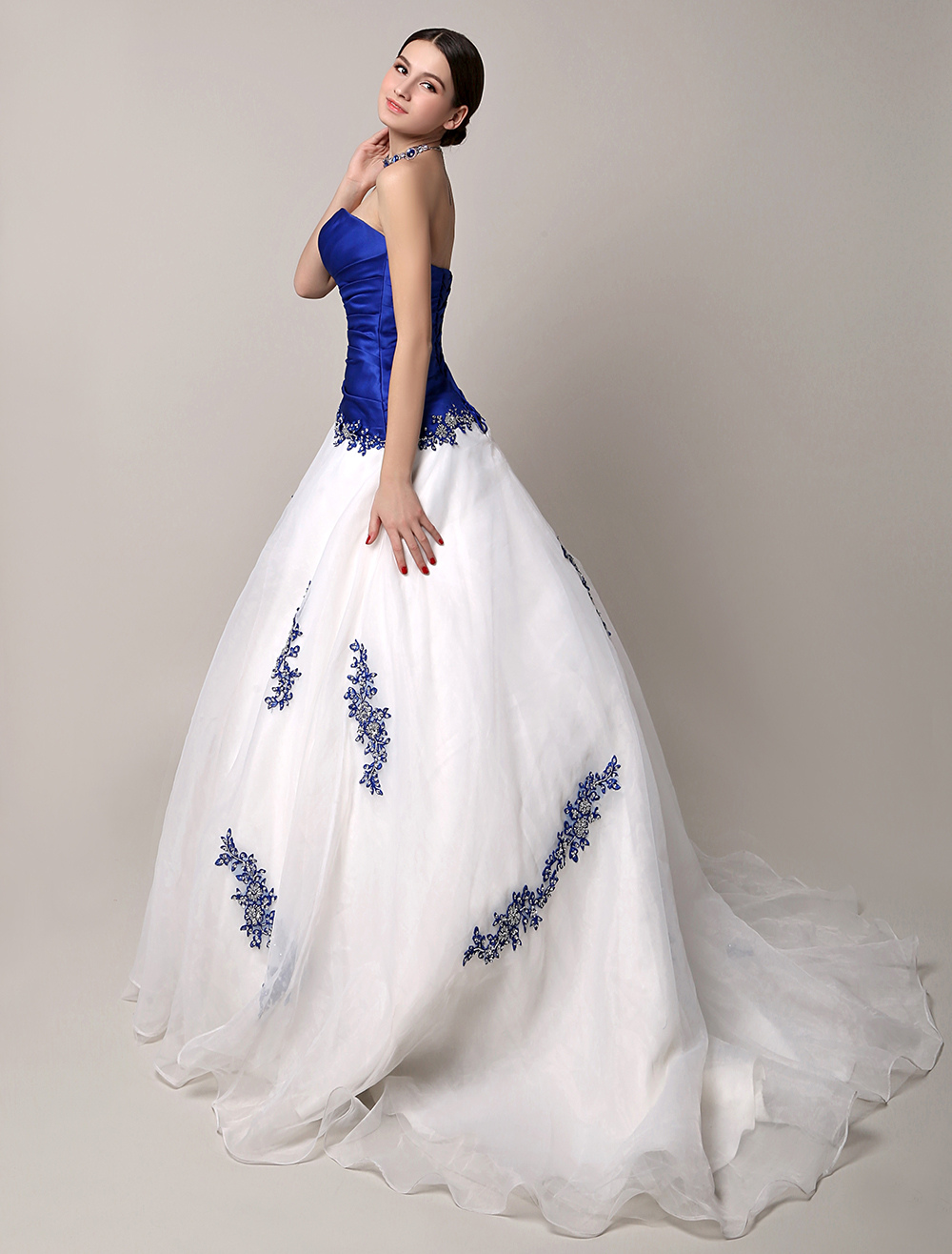 Blue Wedding Dresses With Train Strapless Sleeveless Lace Up Natural Waist Long Lace  Bridal Gown