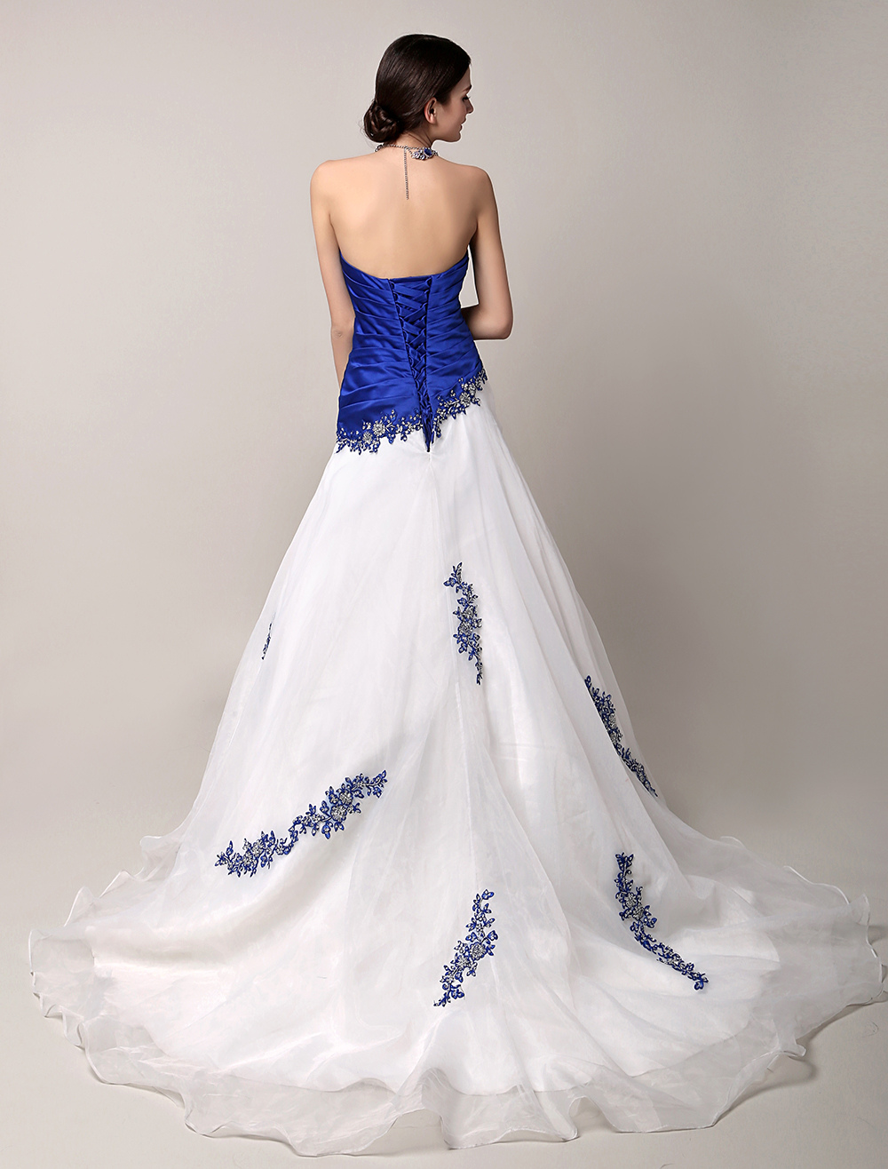 Blue Wedding Dresses With Train Strapless Sleeveless Lace Up Natural Waist Long Tull  Bridal Gown main image 0