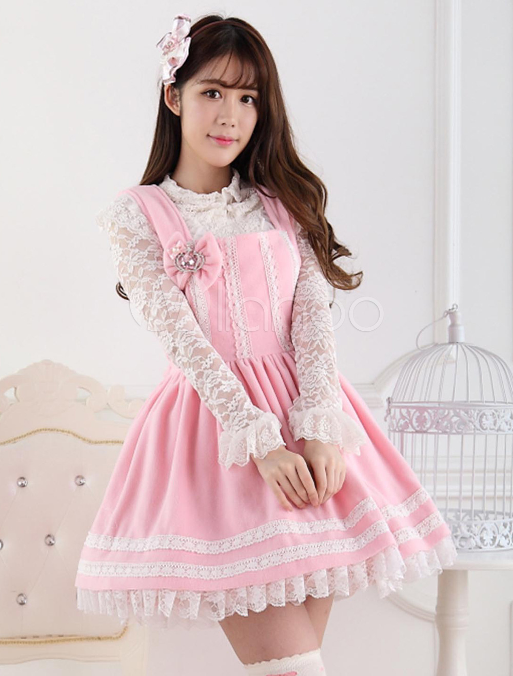 Pink Polyester Lace Lolita Jumper Skirt - Milanoo.com