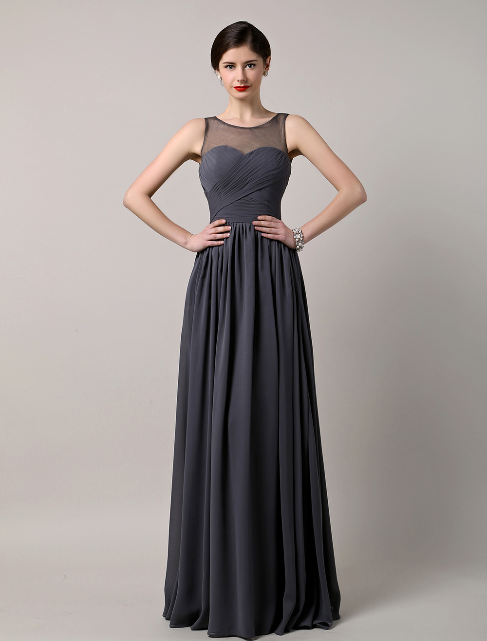 Chiffon Floor Length Sheer Sleeveless Bateau Bridesmaid Gown - Milanoo.com