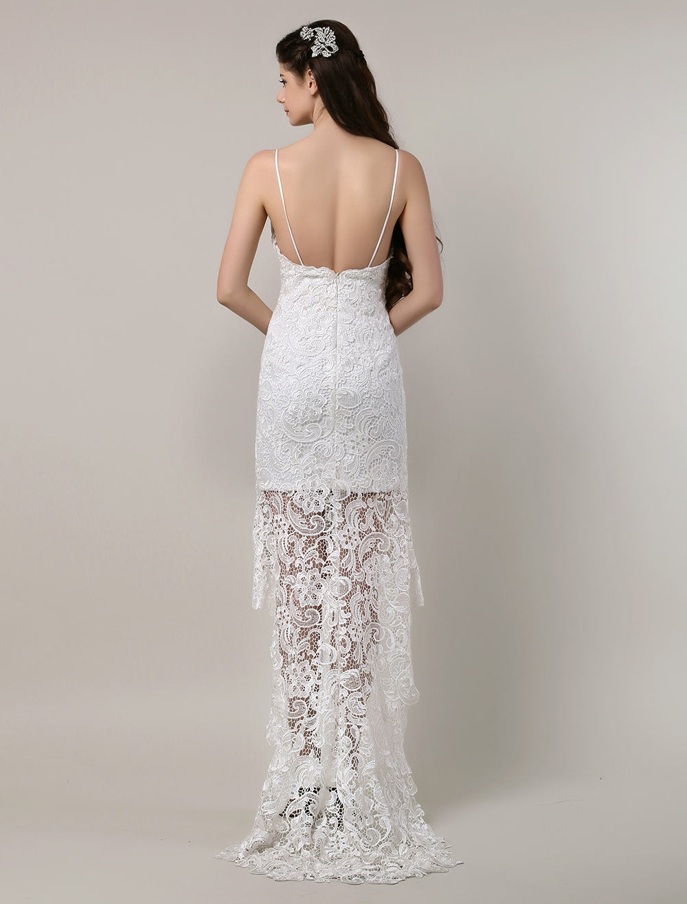 Boho Wedding Dress Sexy Lace Spaghetti Strap Backless High Low Bohemian 4749