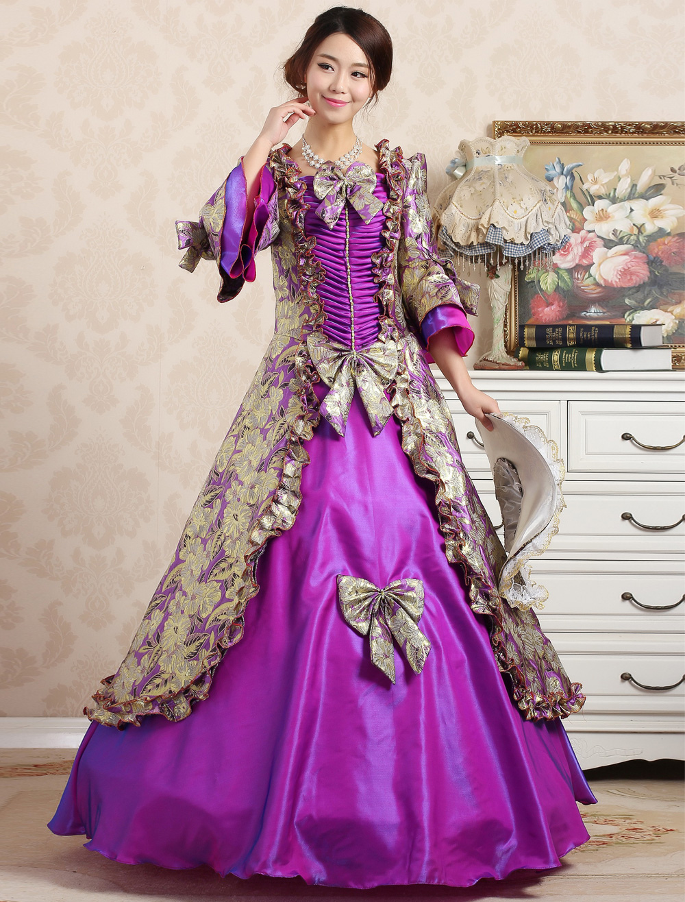 Victorian Dress Costume Retro Princess Costume Rococo Ball Gown Purple Ruffle Bows Womens Maxi 4032