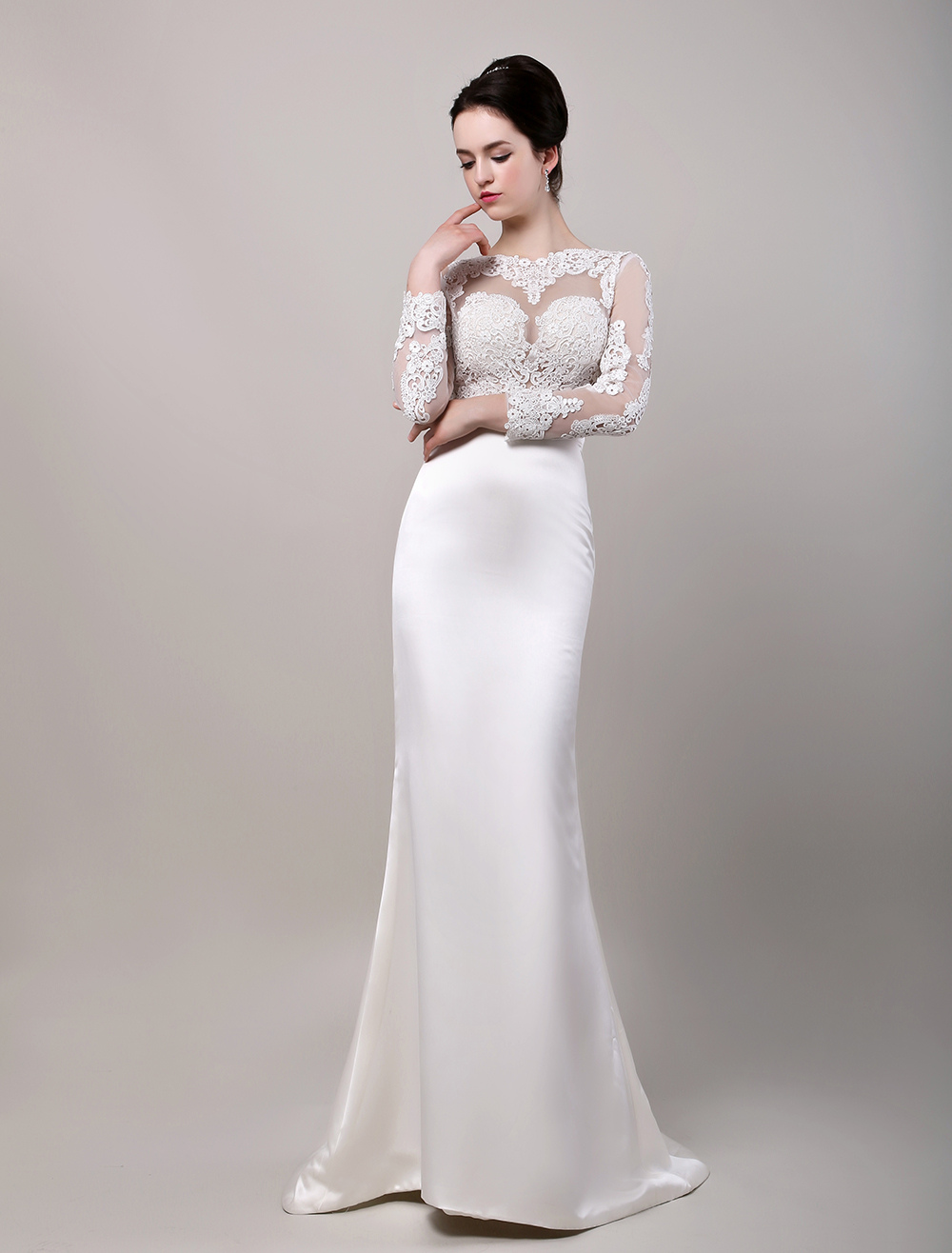Sexy Long Lace Sleeves Sheer Neckline Backless Open Back Satin Bridal ...