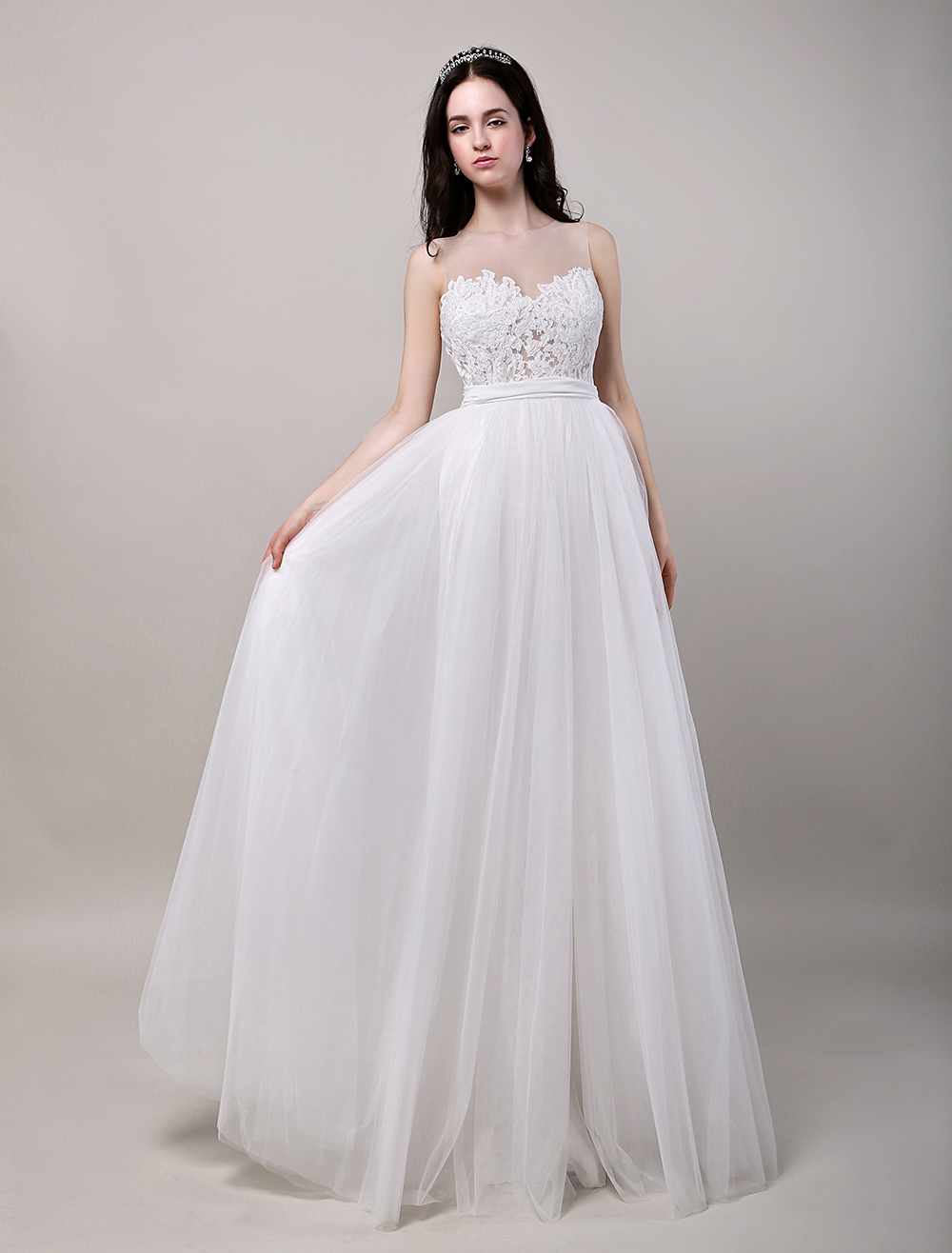  Illusion  Neckline  Lace  Bodice Tulle Wedding  Dress  