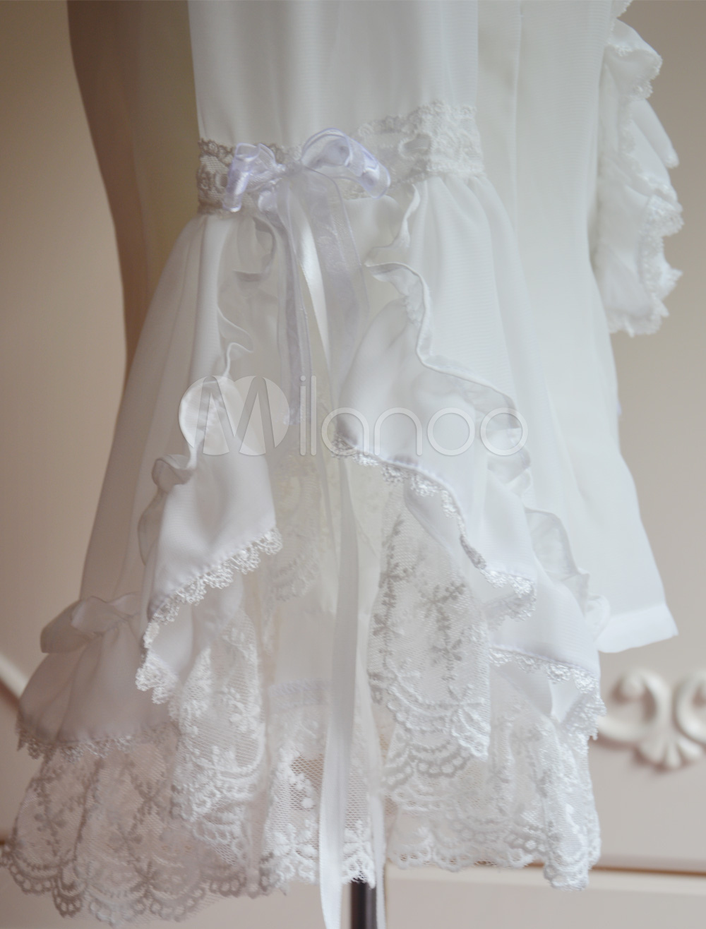 Pure White Chiffon Lolita Blouse Long Hime Sleeves Neck Straps Lace Trim Ruffles - Milanoo.com