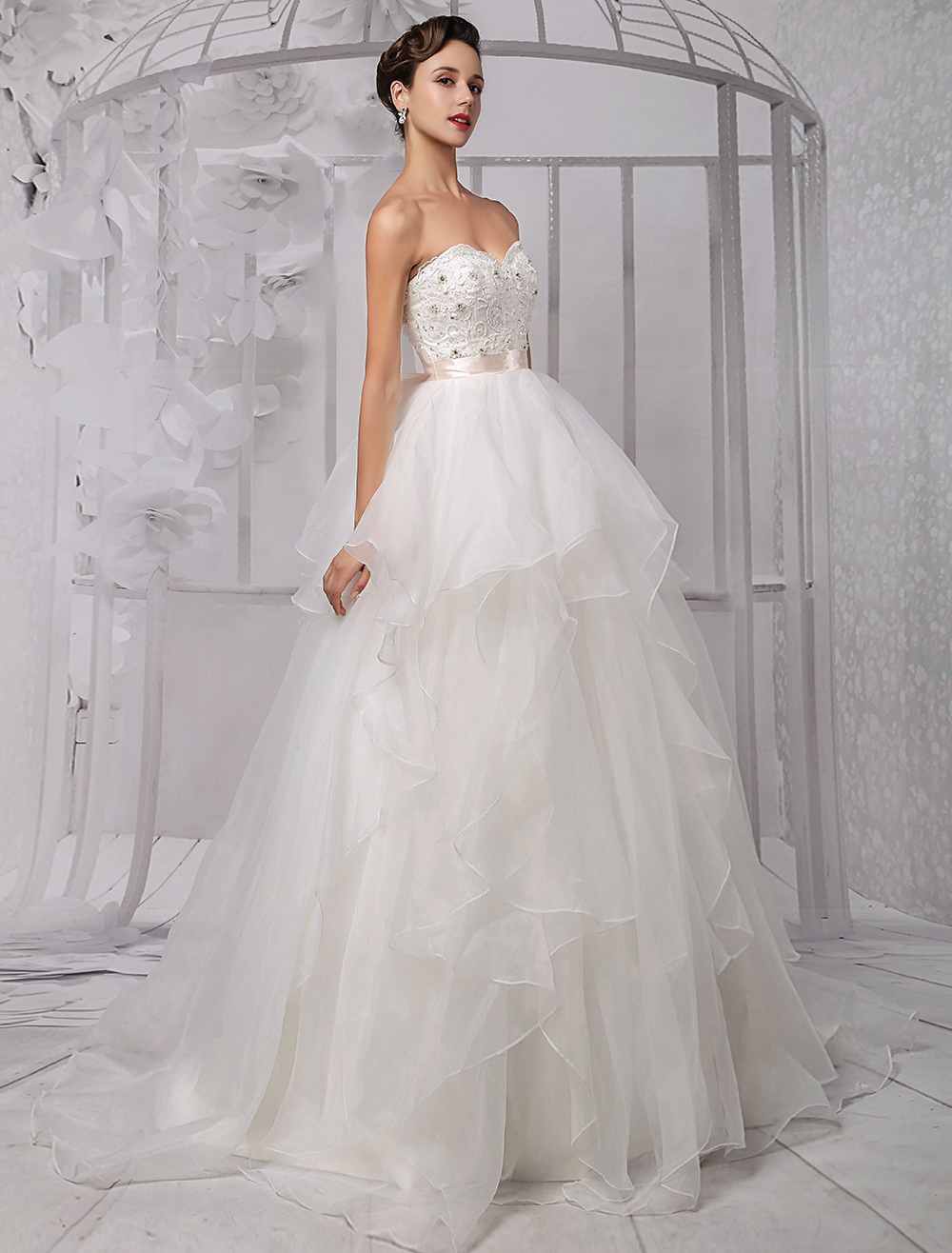 Sweatheart Neckline and Crystals Embroidered Ruffled Skirt Bridal Gown ...