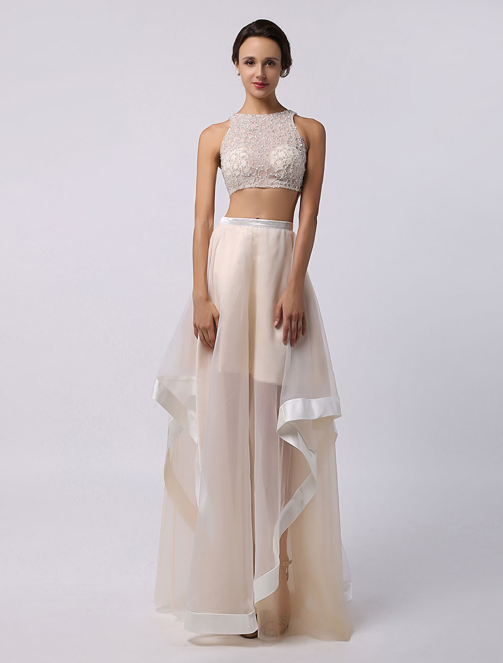 Jewel Neck Ivory Two Piece Prom Dress, Sparkling Beaded 