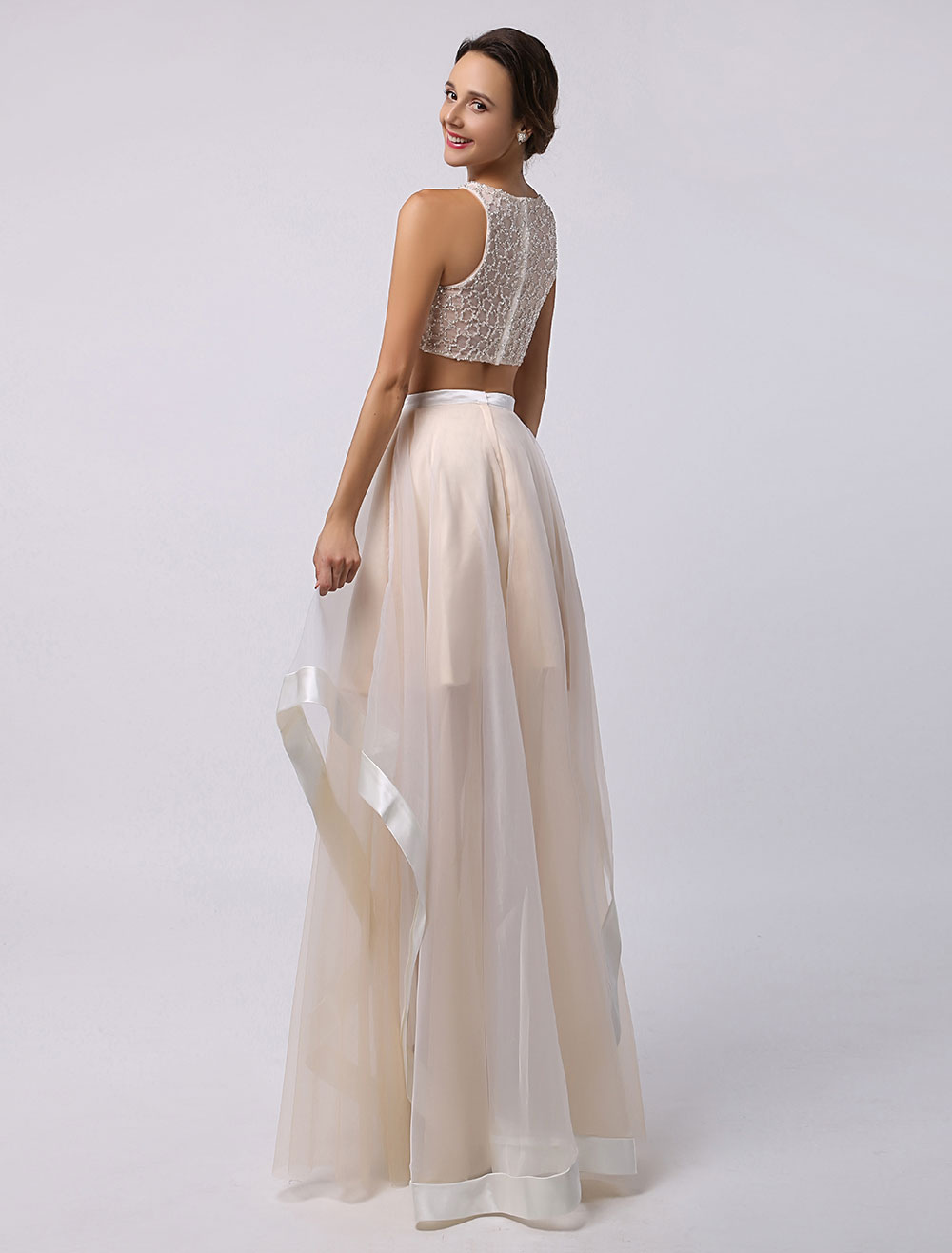 Two Piece Prom Dress 2020 Long Ivory Crop Top Beaded Piping Irregular ...