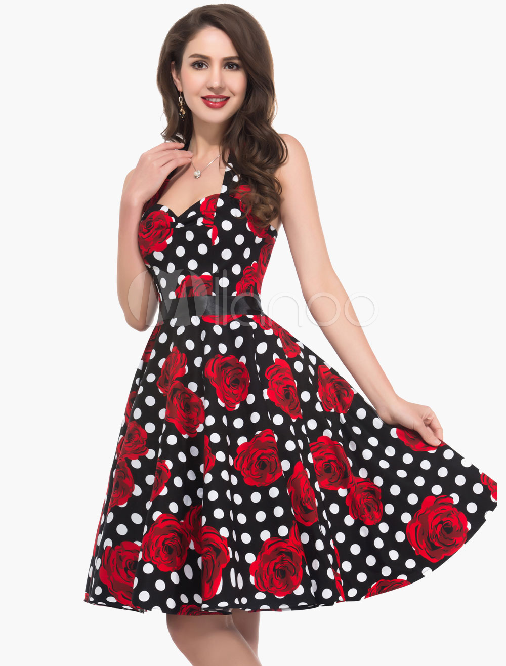Sexy Retro Rockabilly Dance Dress With Rose and Polka Dot Print ...