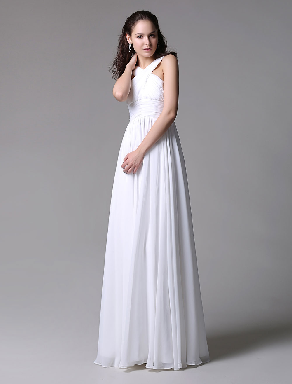 Flirty Ruched Ivory Chiffon Dress with Cross Front and Keyhole Style ...