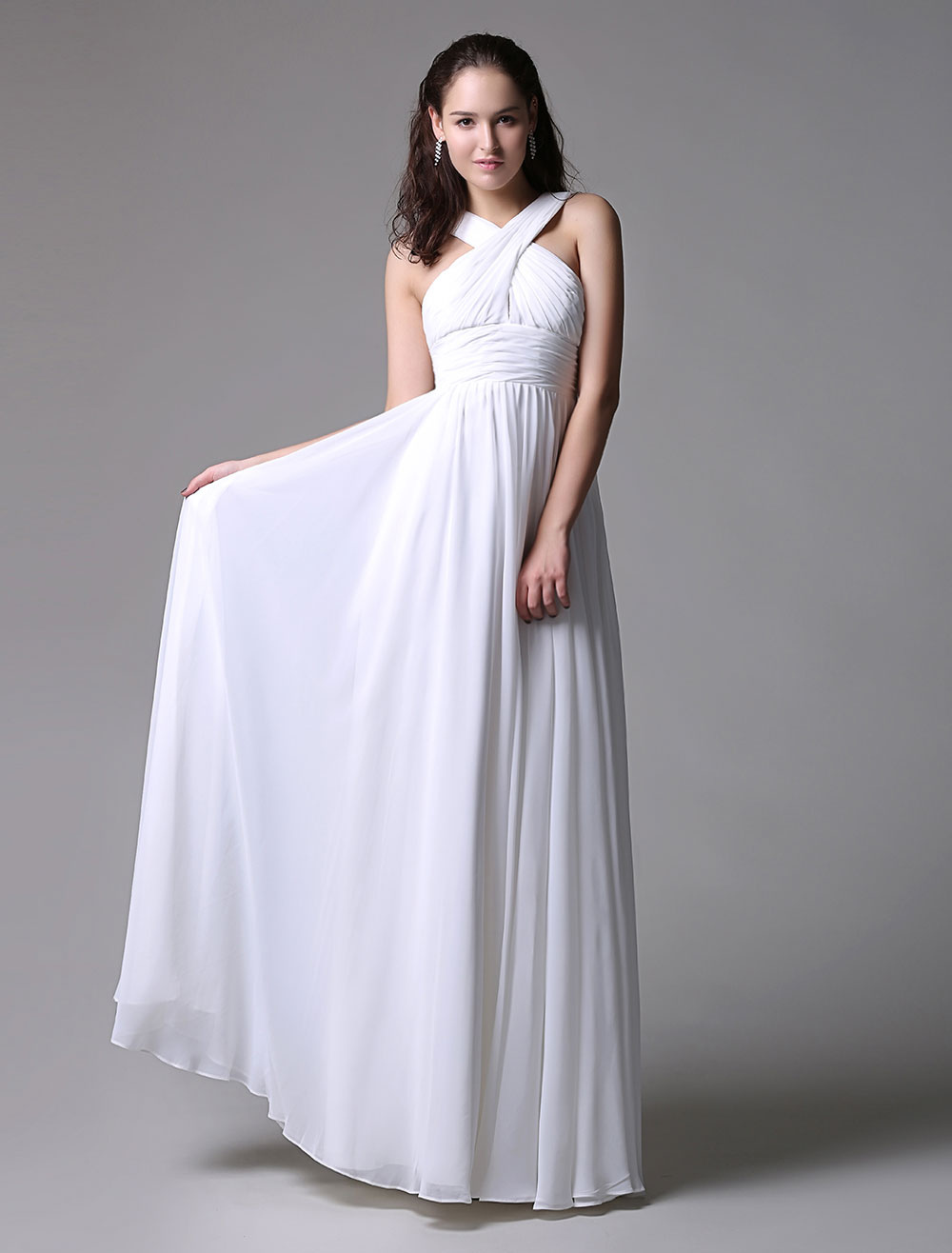 Flirty Ruched Ivory Chiffon Dress with Cross Front and Keyhole Style ...