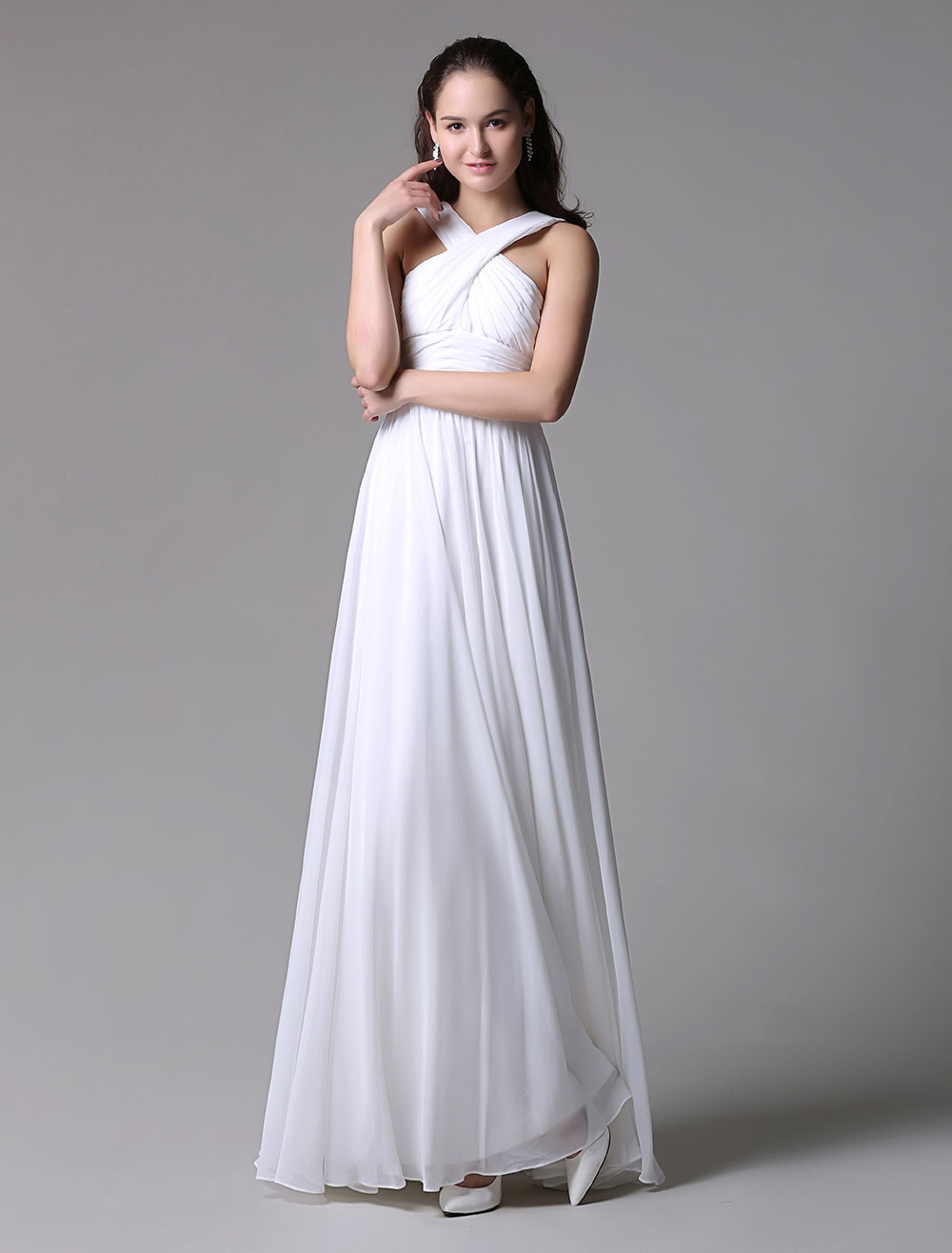 Flirty Ruched Ivory Chiffon Dress with Cross Front and Keyhole Style ...