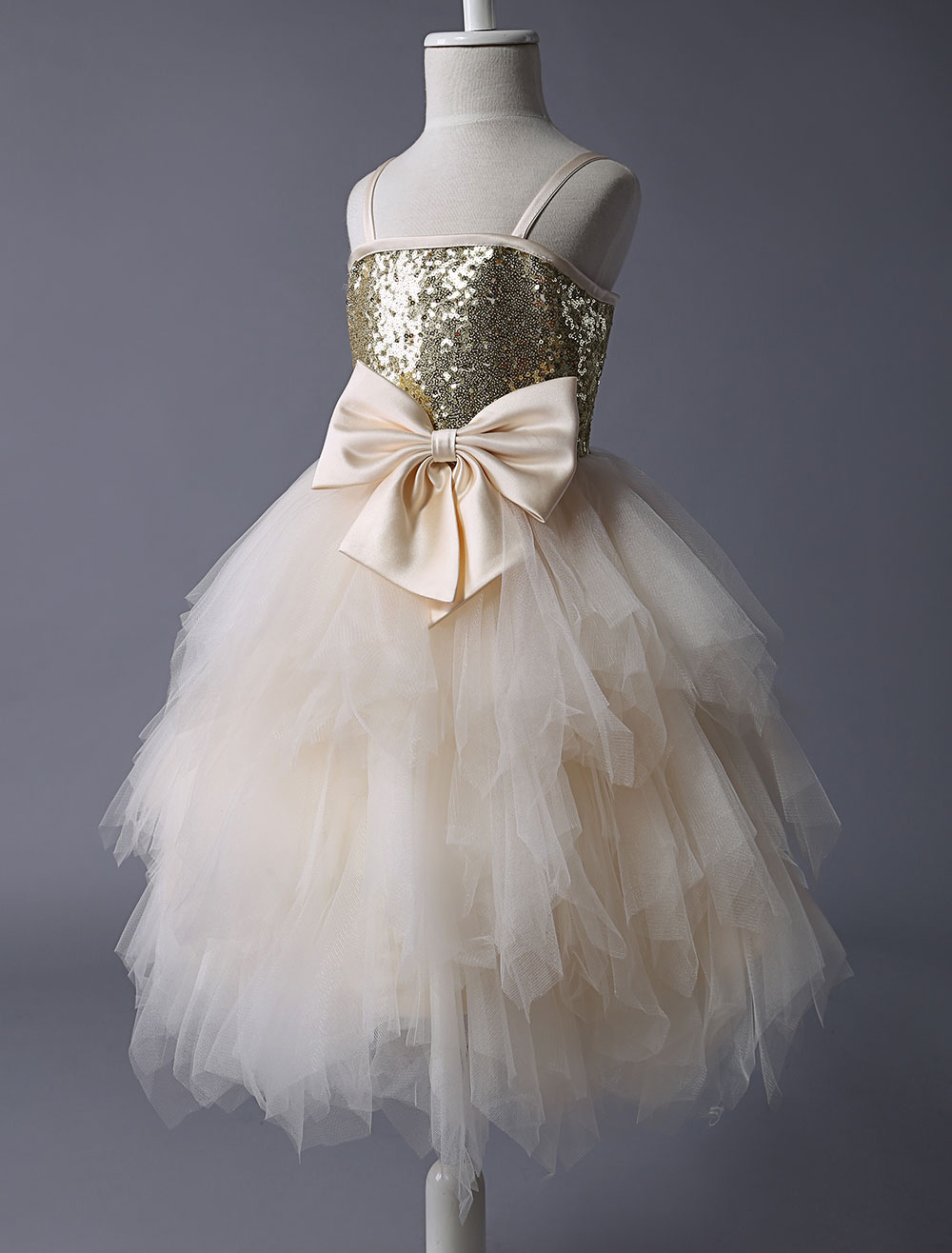Thin Straps Gold Sequin Champagne Tulle Ruffle Flower Girl Dress ...