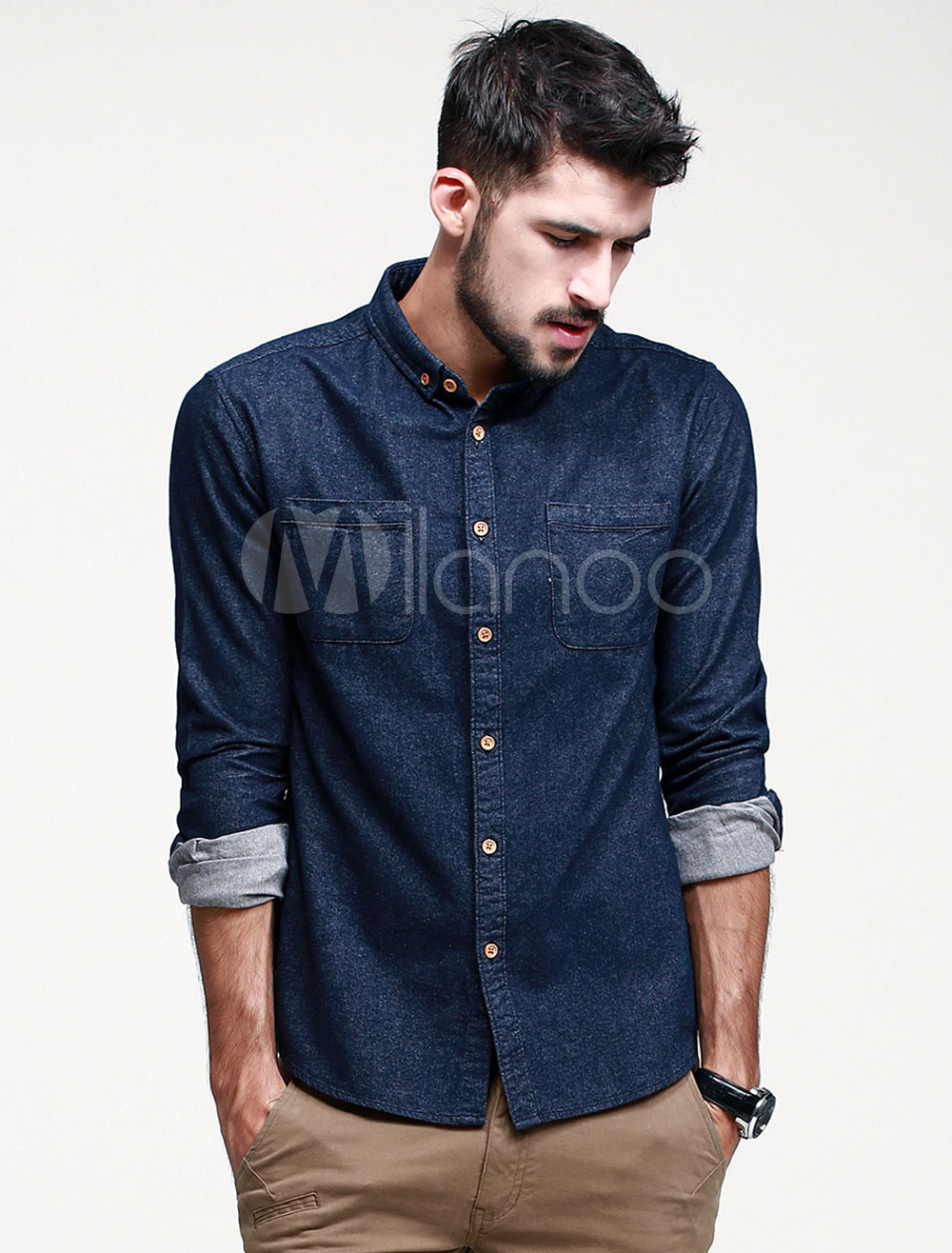 Stand Collar Long Sleeves Men's Pure Cotton Casual Shirt - Milanoo.com