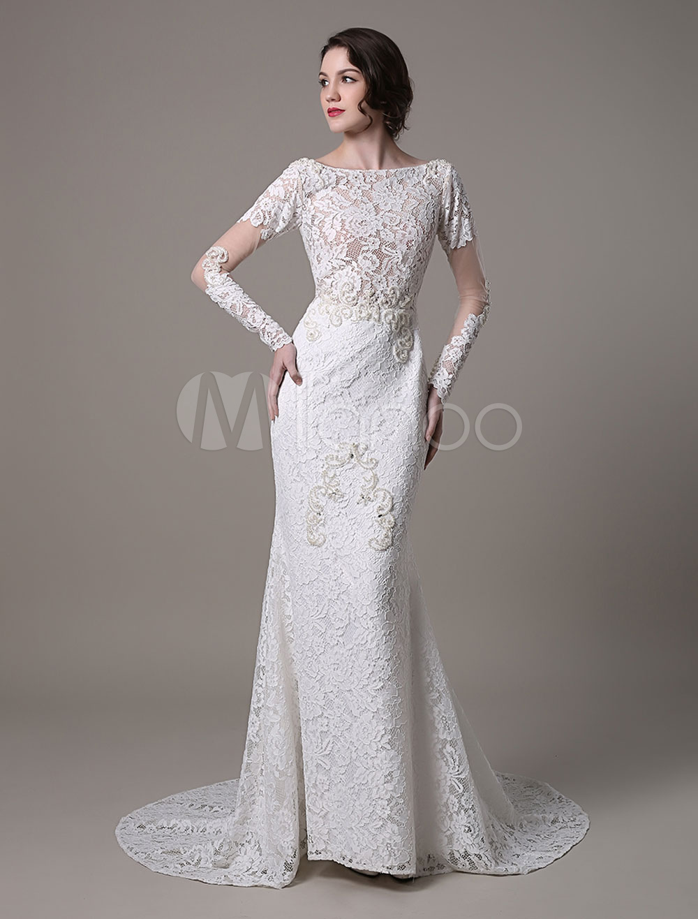 Vintage Lace Wedding Dress With Long Sheer Sleeves And Pearls Applique ...