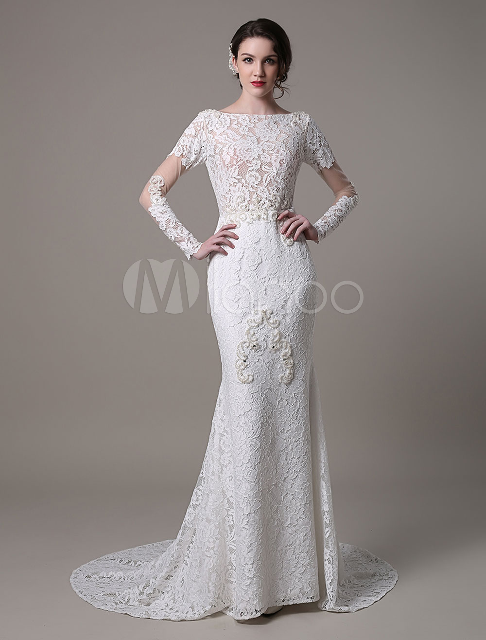 Vintage Lace Wedding Dress With Long Sheer Sleeves And Pearls Applique ...