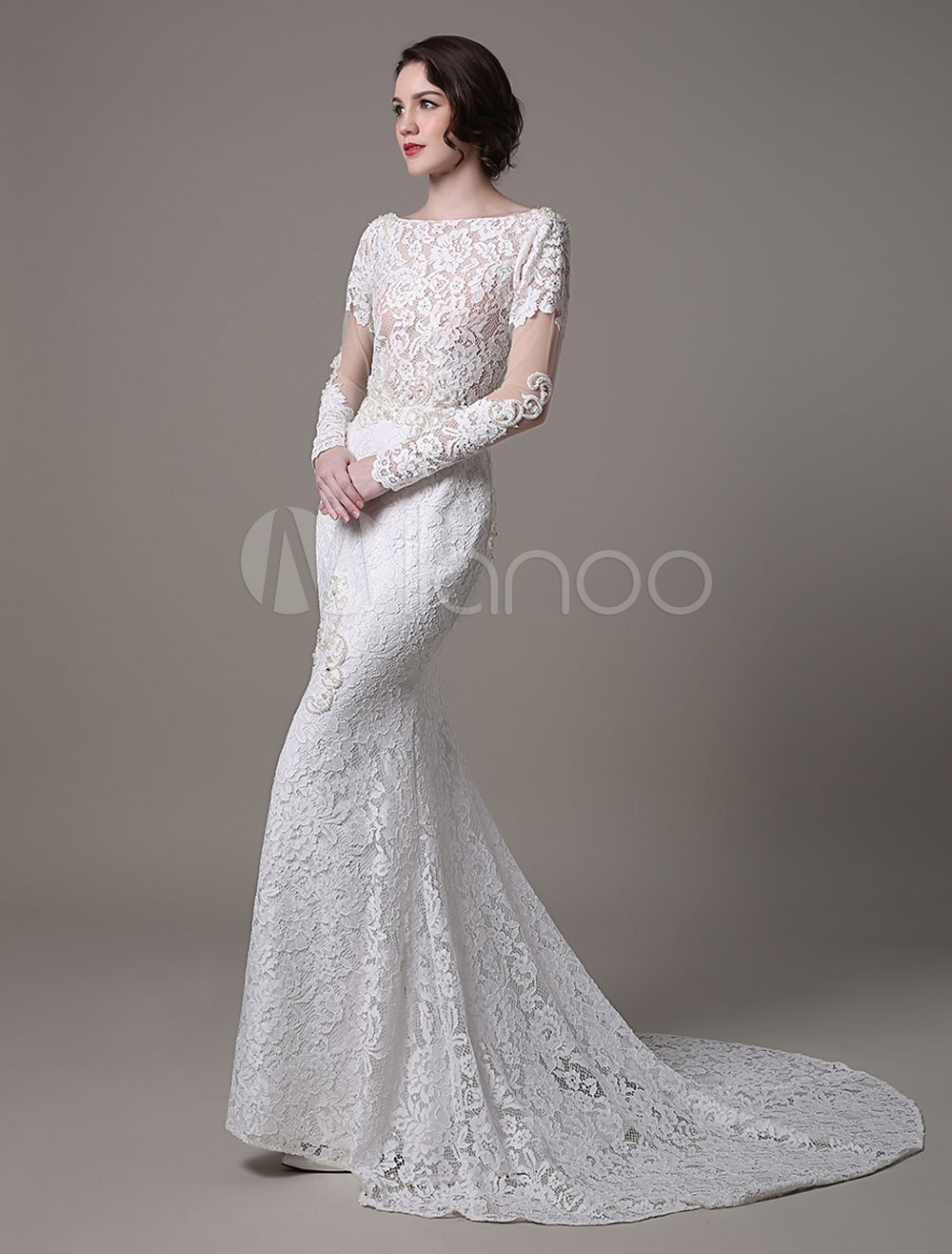 Vintage Lace Wedding Dress With Long Sheer Sleeves And Pearls Applique ...