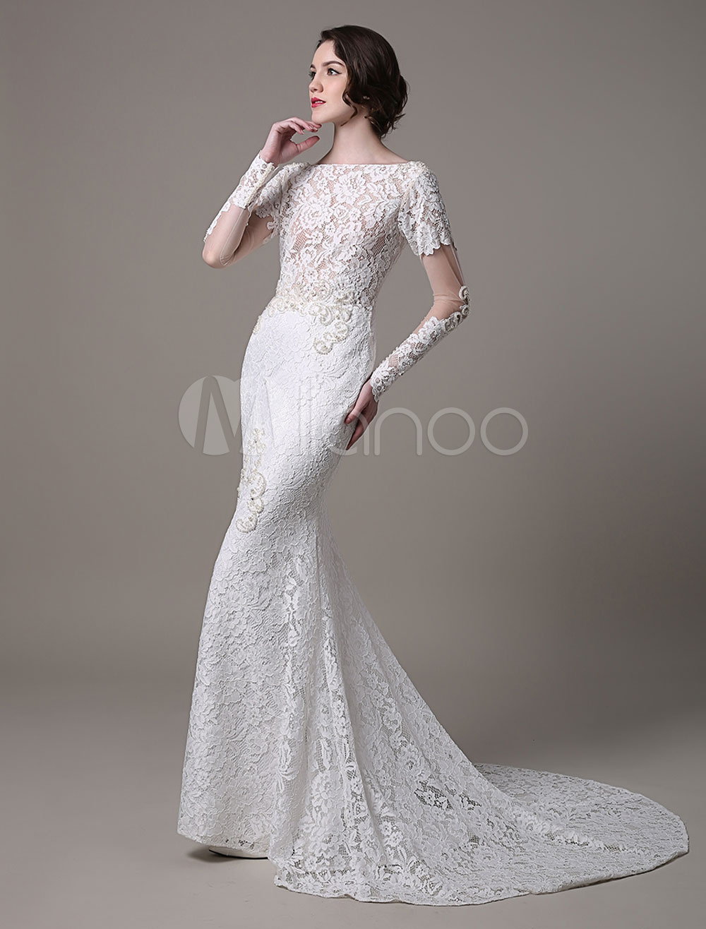 Vintage Lace Wedding Dress With Long Sheer Sleeves And Pearls Applique ...