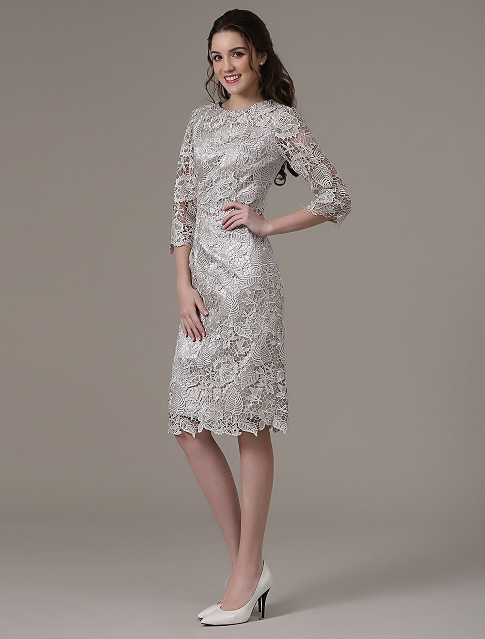 Wedding Guest Dresses Silver Lace Mother Dress Short Half Sleeve Sheath Cocktail Dress Milanoo