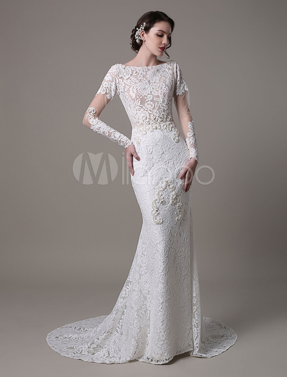 Vintage Lace Wedding Dress With Long Sheer Sleeves And Pearls Applique ...