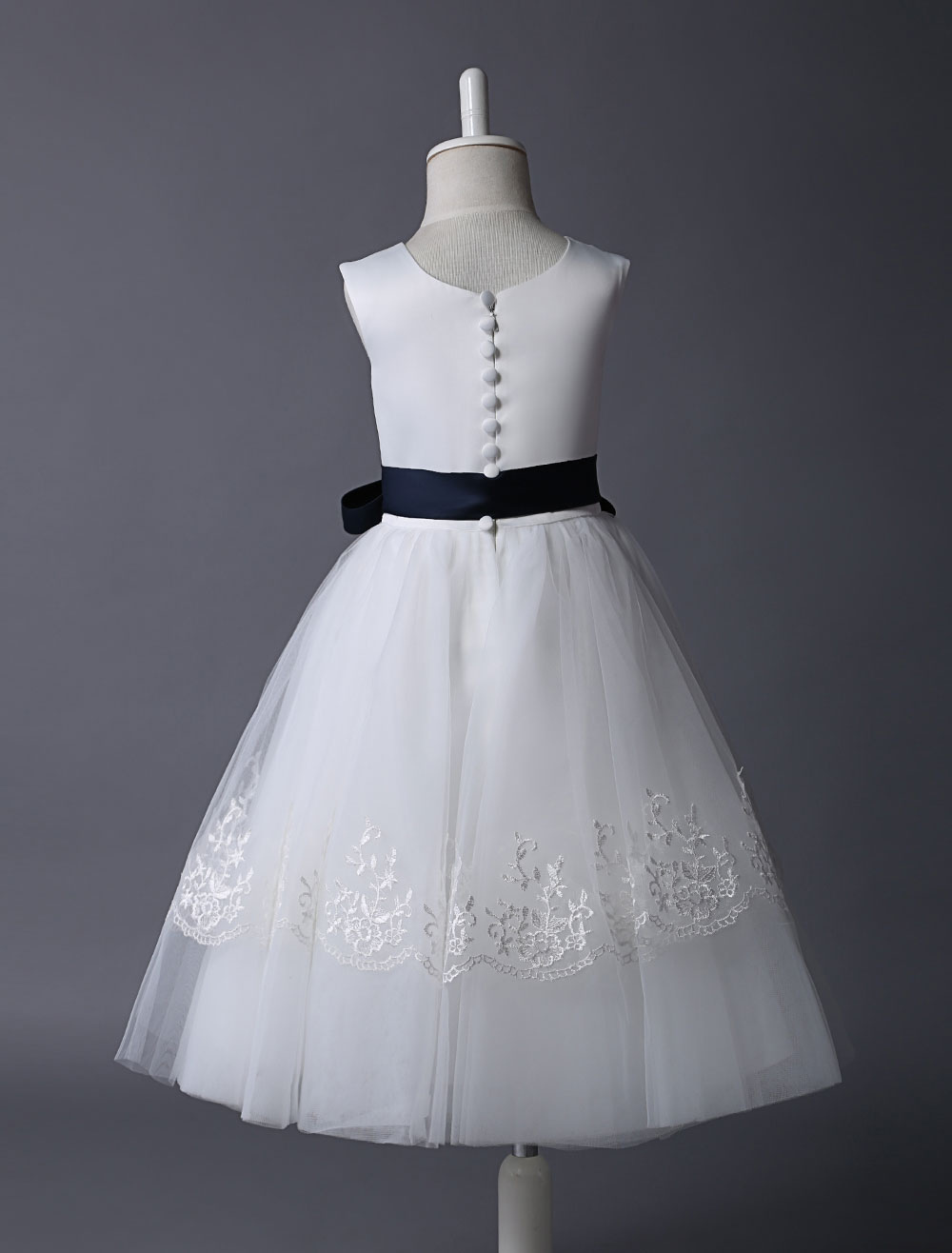 Ivory Tulle Flower Girl Dress With Lace Applique And Navy Blue Sash ...
