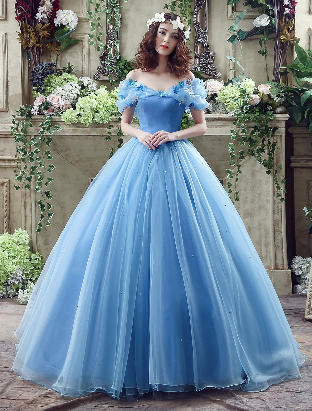 Cinderella Dress Blue Organza Tulle Off the Shoulder Ball Gown Dress ...