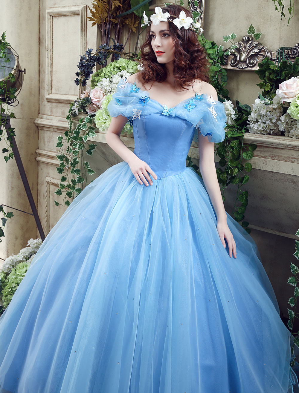 Cinderella Dress Blue Organza Tulle Off the Shoulder Ball Gown Dress ...