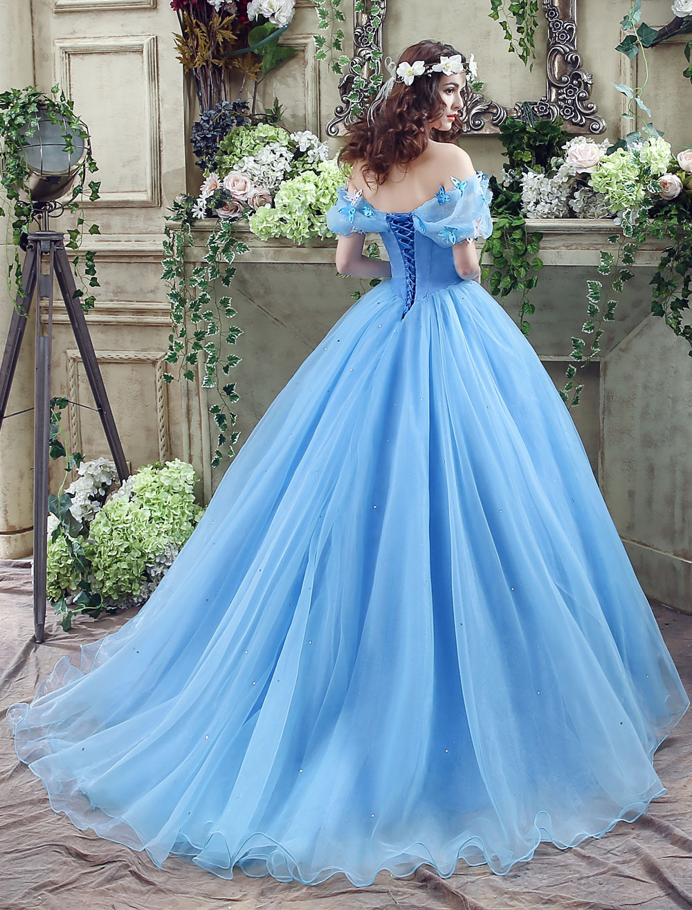 Cinderella Dress Blue Organza Tulle Off the Shoulder Ball Gown Dress ...