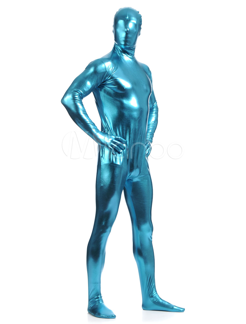 Water Blue Zentai Suit Adults Full Body Shiny Metallic Bodysuit for Men ...