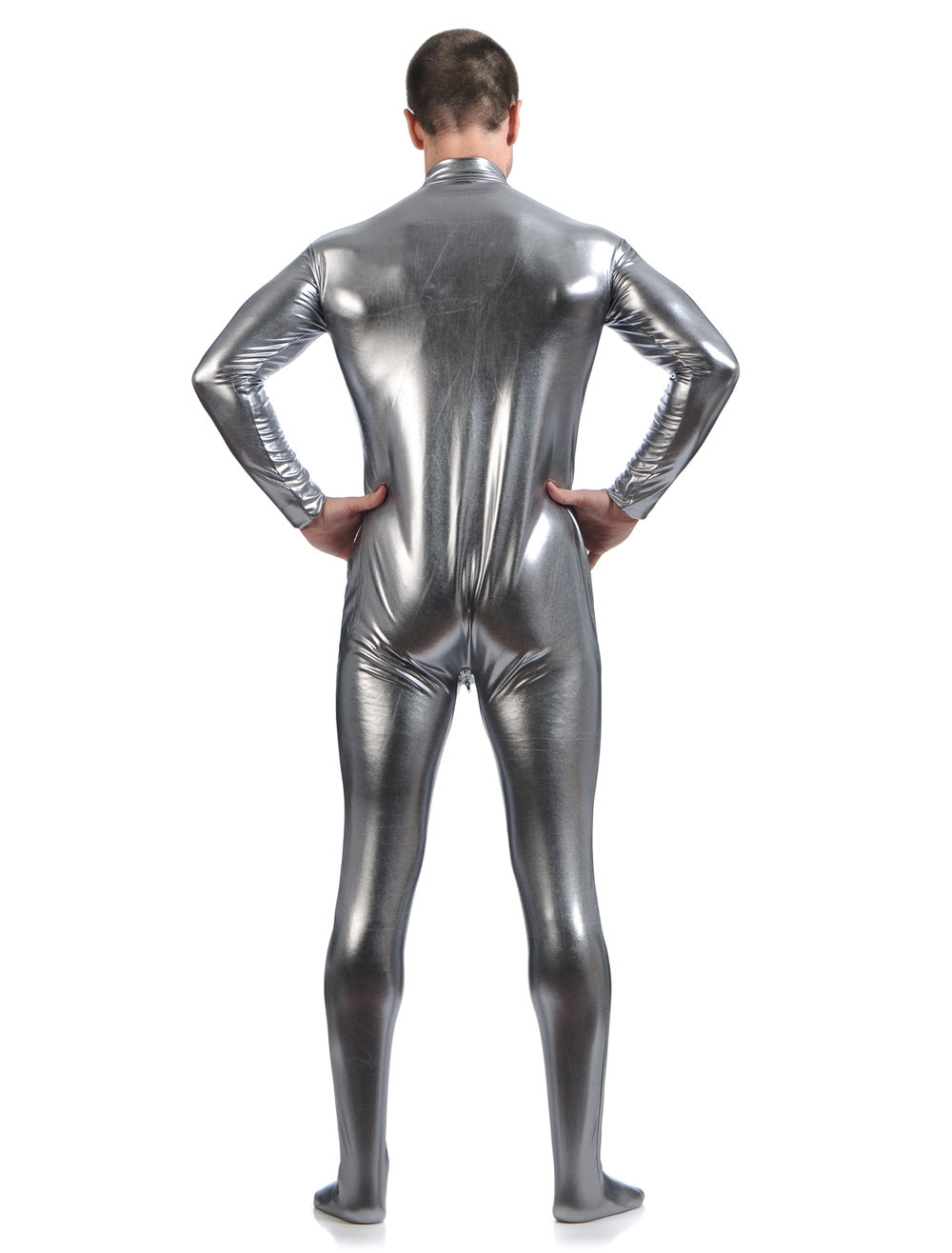 Gray Adults Bodysuit Cosplay Jumpsuit Shiny Metallic Catsuit For Men 0868