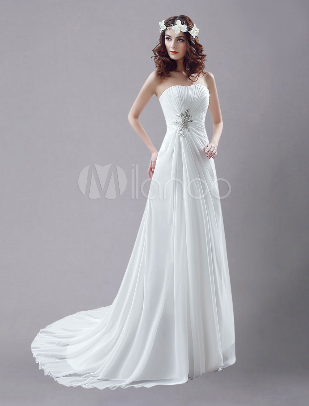 White Wedding Dress Strapless Rhinestone Pleated Wedding Gown - Milanoo.com