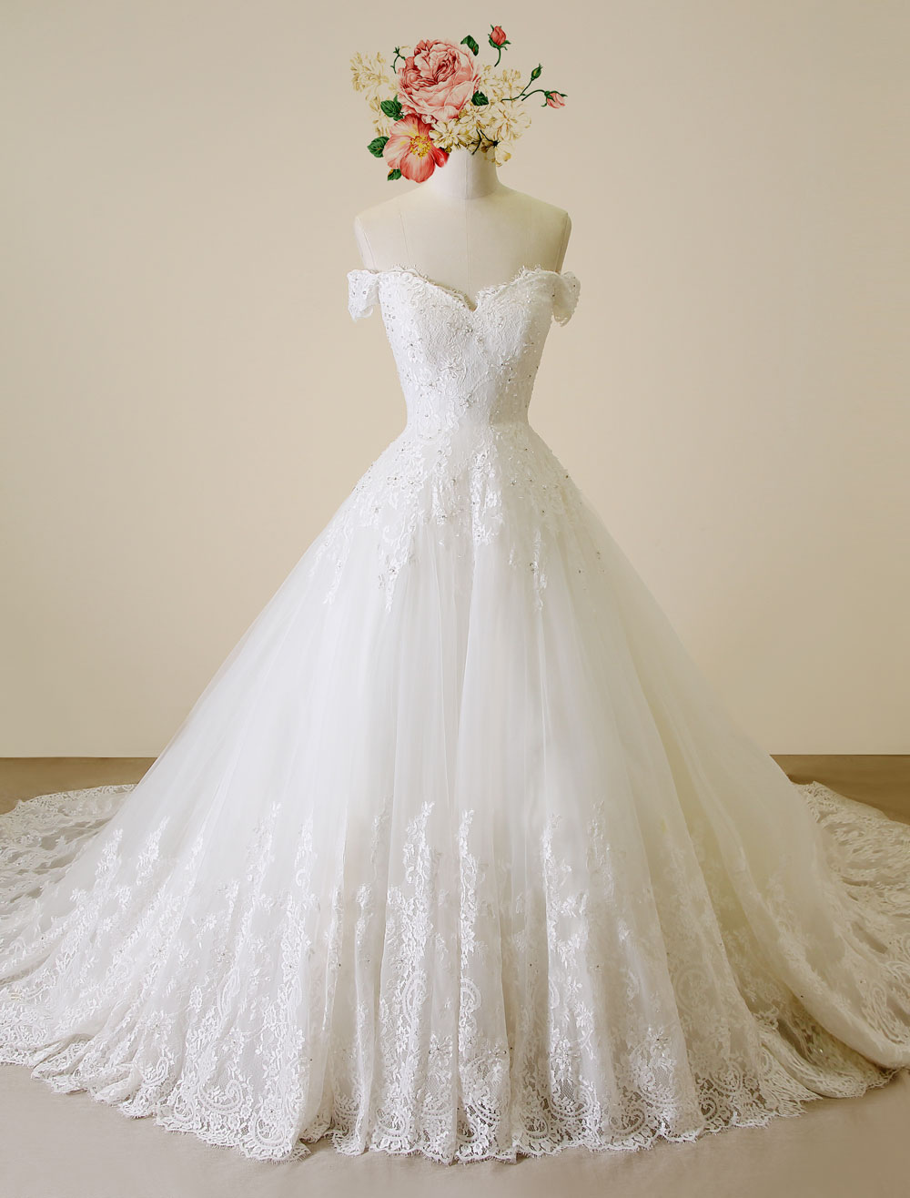 Off Shoulder Tulle And Lace Bridal Dresses Ivory