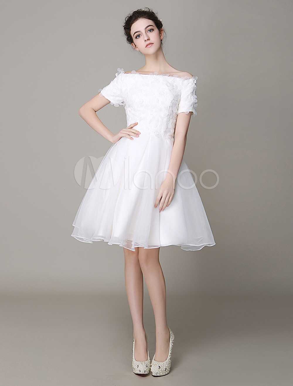 Ivory Wedding Dress KneeLength OffTheShoulder CutOut Strapless Wedding Gown Milanoo