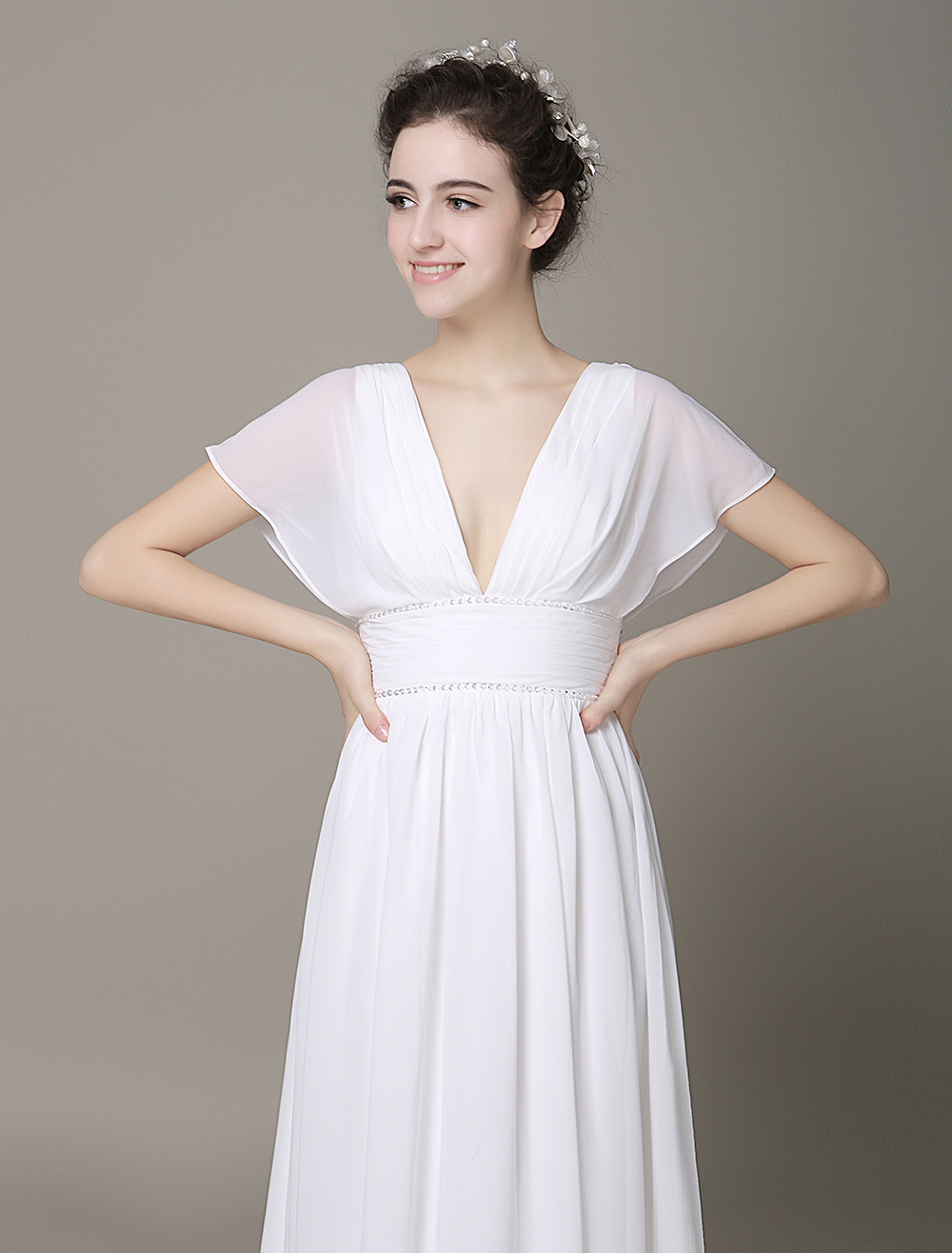 Plunging Neck Flared Sleeves Pleated Chiffon Dresses