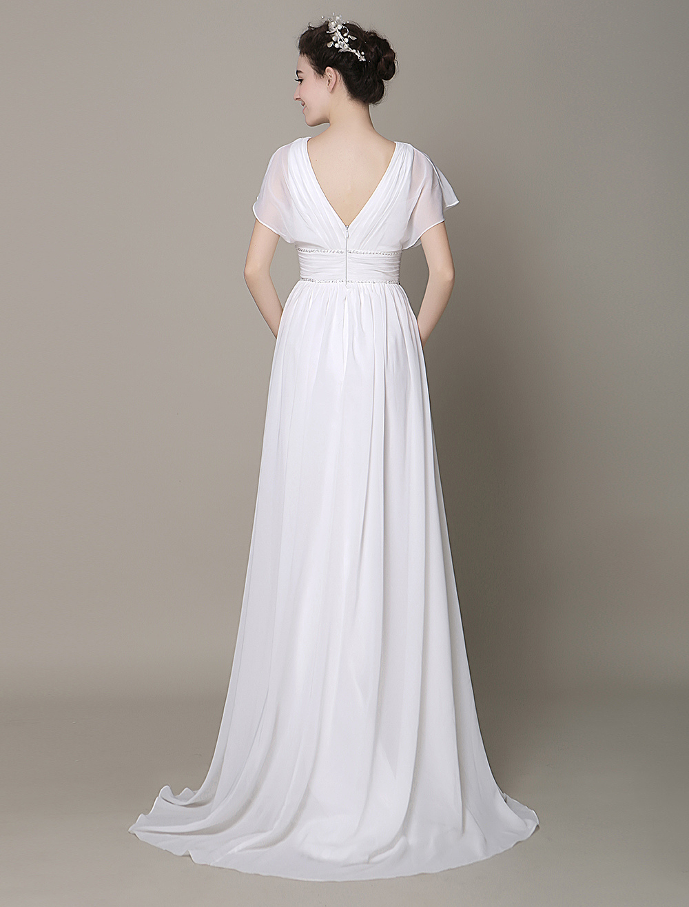 A-Line Pleated Chiffon Dress with V-Neck Ocean Blue
