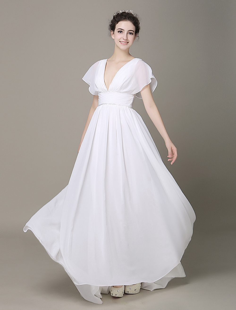 Plunging Chiffon Beach Wedding Dress A Line Ivory V Neck Pleated Belt