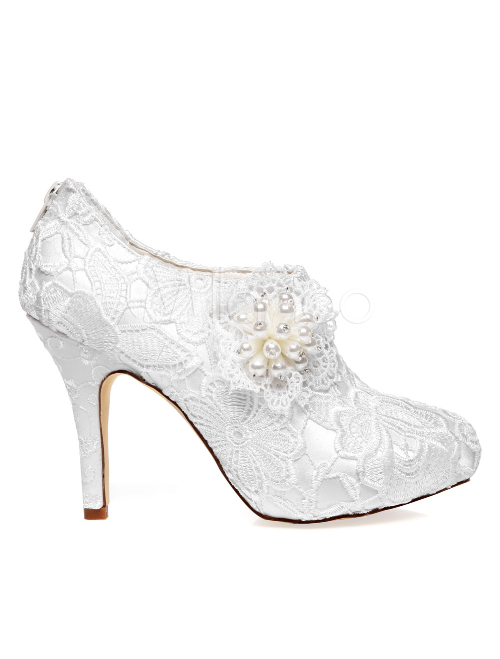 White Bridal Booties Flowers Lace Pearls Wedding Shoes - Milanoo.com