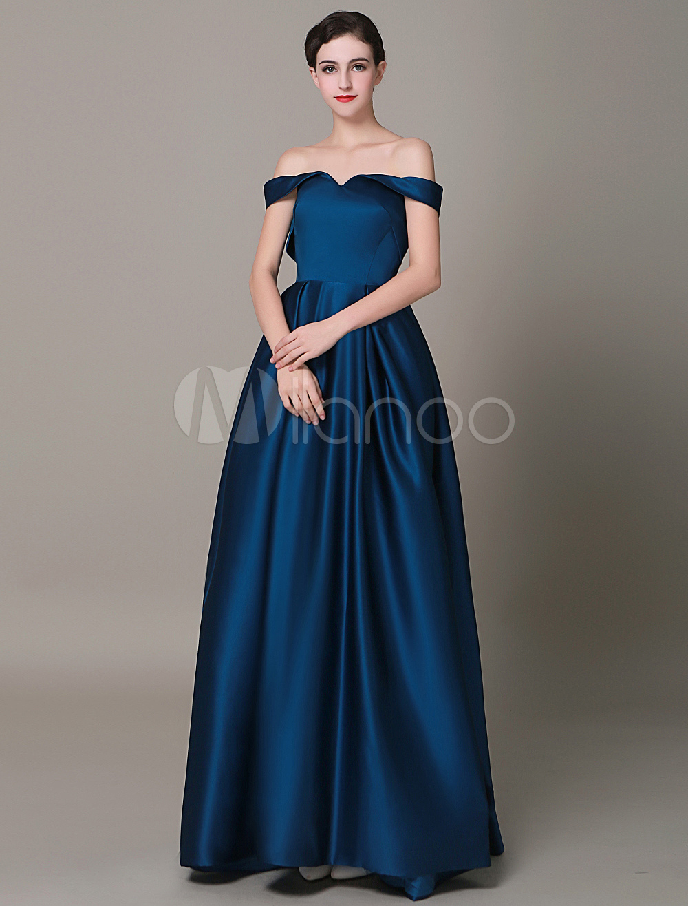 Navy Satin Evening Dress Off-The-Shoulder A-Line Prom Dress 2023 ...