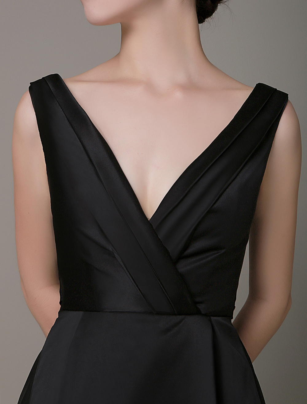 plunging-black-cocktail-dress-pleated-bow-belt-a-line-little-black-dress-wedding-guest-dress